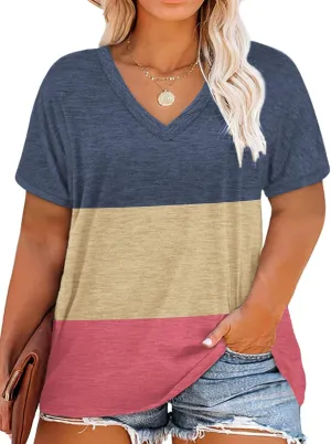 DOLNINE Plus-Size Tops for Women Short Sleeve Color Block Casual T-Shirts Tunics
