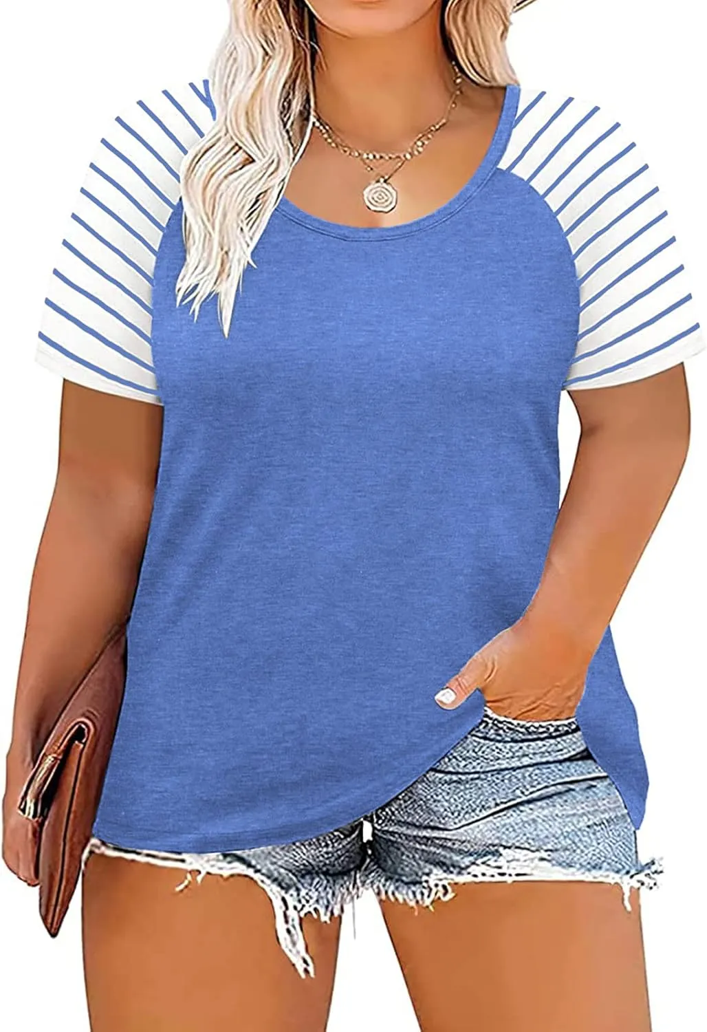DOLNINE Women's Plus Size Tops Striped Raglan Tee Shirts Casual Tunics Blouses
