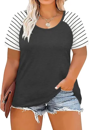 DOLNINE Women's Plus Size Tops Striped Raglan Tee Shirts Casual Tunics Blouses