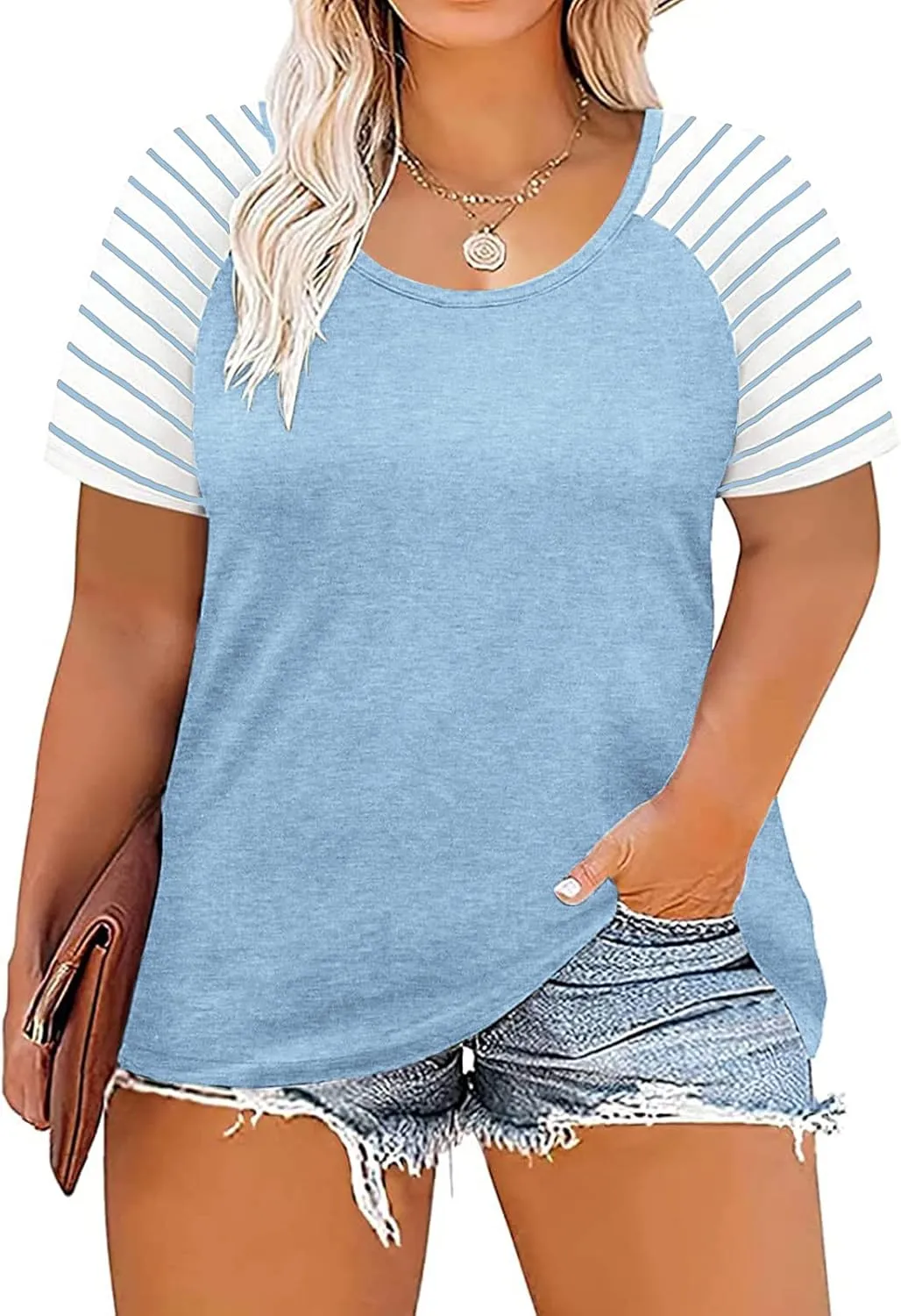DOLNINE Women's Plus Size Tops Striped Raglan Tee Shirts Casual Tunics Blouses