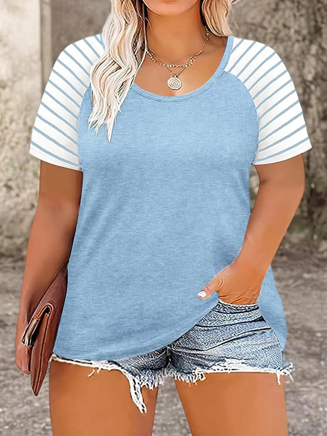 DOLNINE Women's Plus Size Tops Striped Raglan Tee Shirts Casual Tunics Blouses