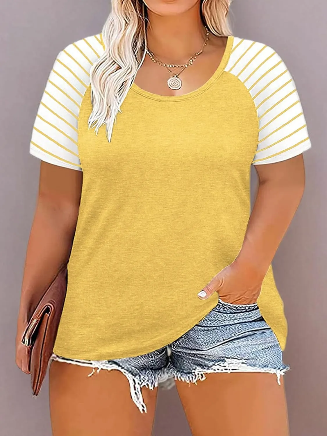 DOLNINE Women's Plus Size Tops Striped Raglan Tee Shirts Casual Tunics Blouses