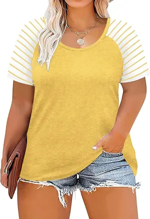 DOLNINE Women's Plus Size Tops Striped Raglan Tee Shirts Casual Tunics Blouses
