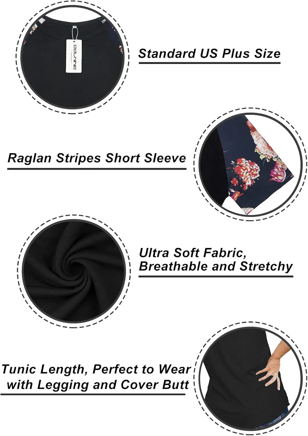 DOLNINE Women's Plus Size Tops Striped Raglan Tee Shirts Casual Tunics Blouses