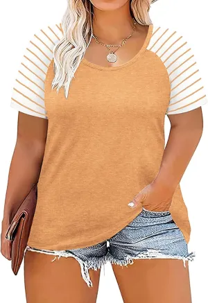 DOLNINE Women's Plus Size Tops Striped Raglan Tee Shirts Casual Tunics Blouses