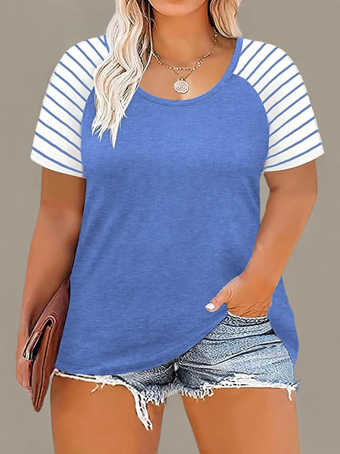 DOLNINE Women's Plus Size Tops Striped Raglan Tee Shirts Casual Tunics Blouses
