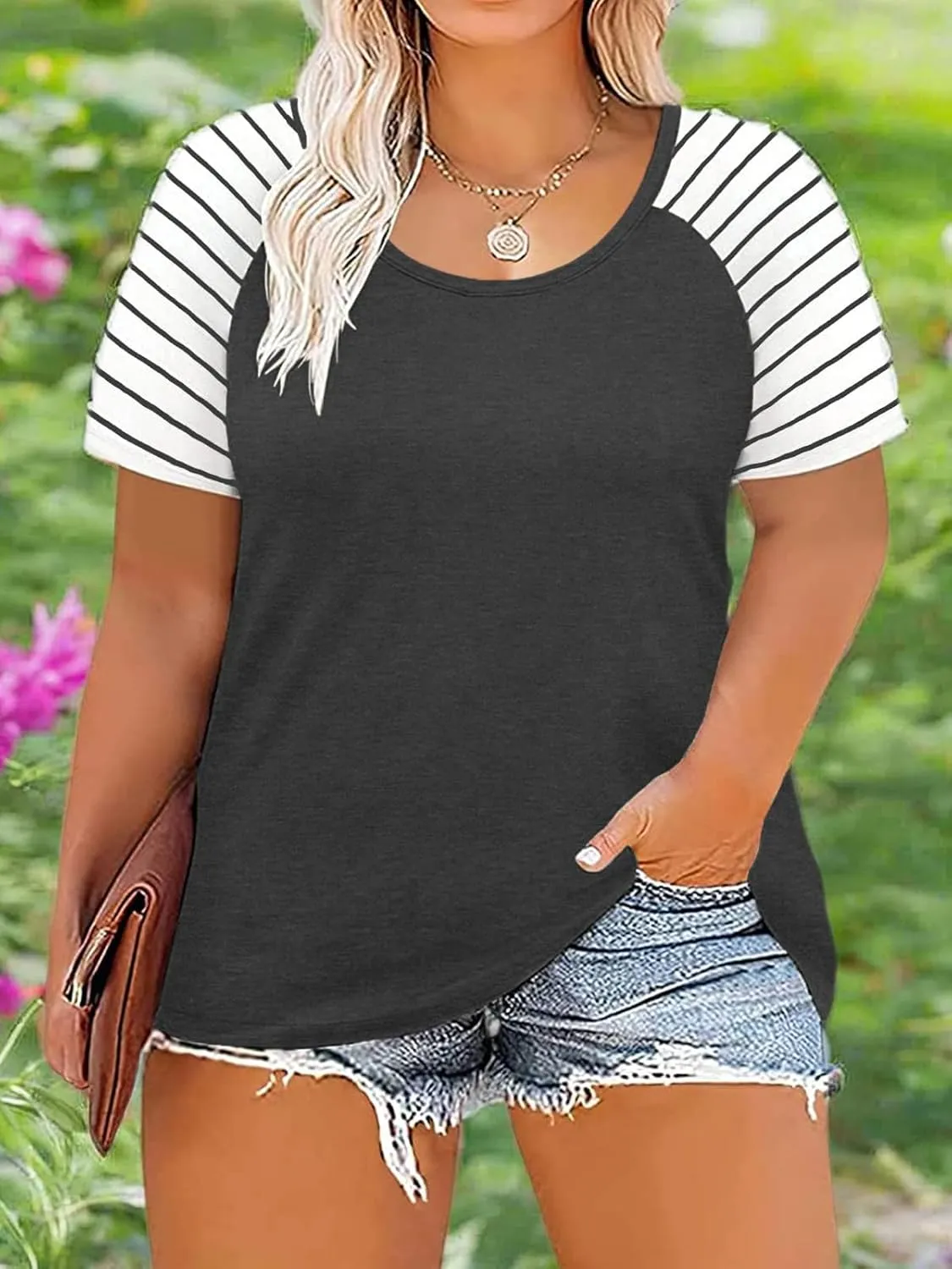 DOLNINE Women's Plus Size Tops Striped Raglan Tee Shirts Casual Tunics Blouses