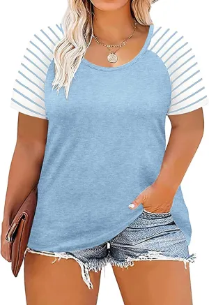 DOLNINE Women's Plus Size Tops Striped Raglan Tee Shirts Casual Tunics Blouses
