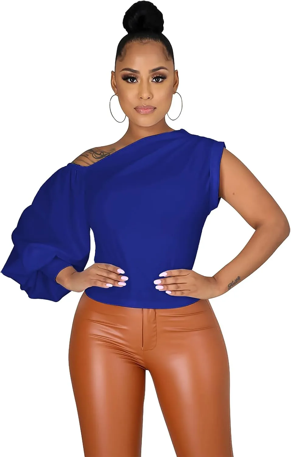 Ekaliy Women Sexy One Shoulder Sleeveless Bodycon High Low Asymmetrical Ruffle Tunics Blouse Shirt Top Dress