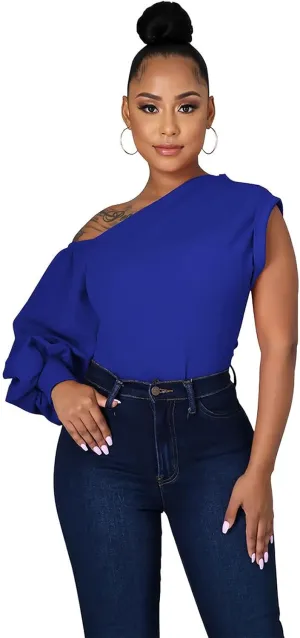 Ekaliy Women Sexy One Shoulder Sleeveless Bodycon High Low Asymmetrical Ruffle Tunics Blouse Shirt Top Dress