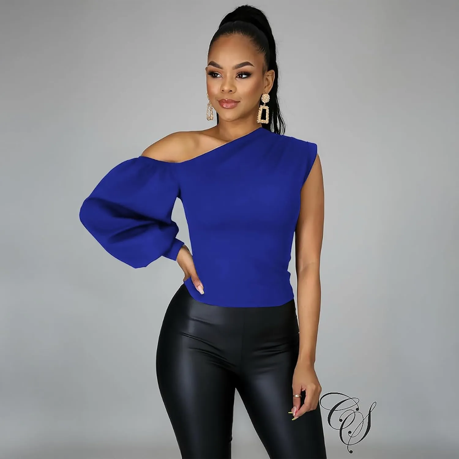 Ekaliy Women Sexy One Shoulder Sleeveless Bodycon High Low Asymmetrical Ruffle Tunics Blouse Shirt Top Dress
