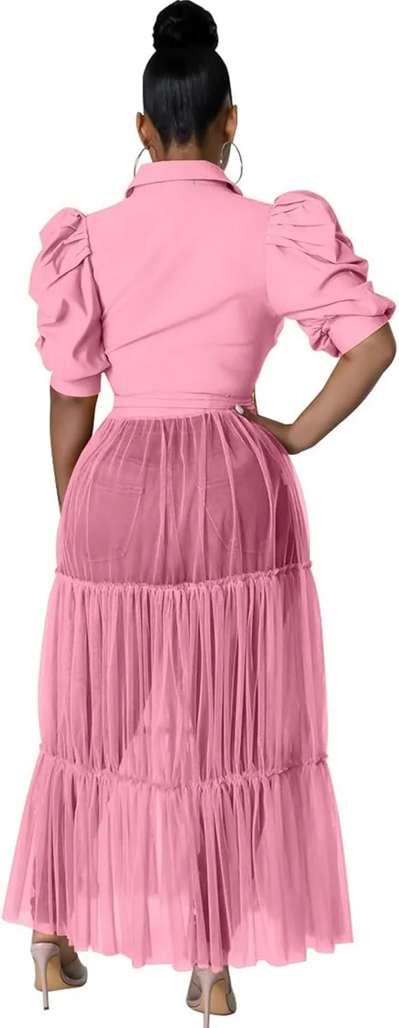 Ekaliy Women Sexy Short Sleeve Bodycon High Low Asymmetrical Ruffle Tunics Blouse Shirt Top Dress