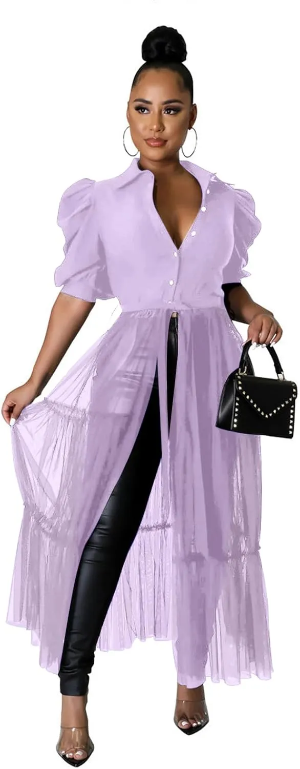 Ekaliy Women Sexy Short Sleeve Bodycon High Low Asymmetrical Ruffle Tunics Blouse Shirt Top Dress