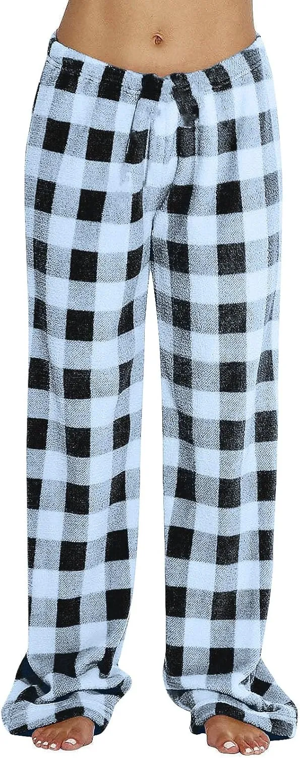 Flannel Buffalo Plaid Pajama Pants Women Comfy Warm Plaid Pj Pants Fuzzy Wide Leg Lounge Pants Pajamas Bottoms