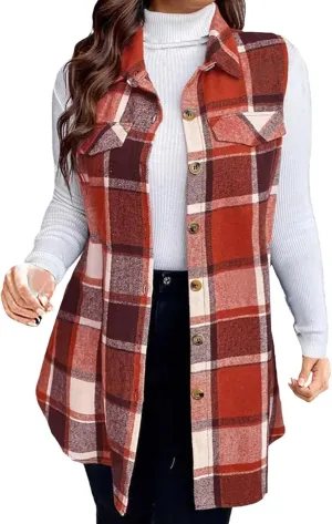 Flannel Vest Women 2024 Fashion Sleeveless Button Down Plaid Vest Jacket Casual Fall Winter Warm Outwear with Pockets