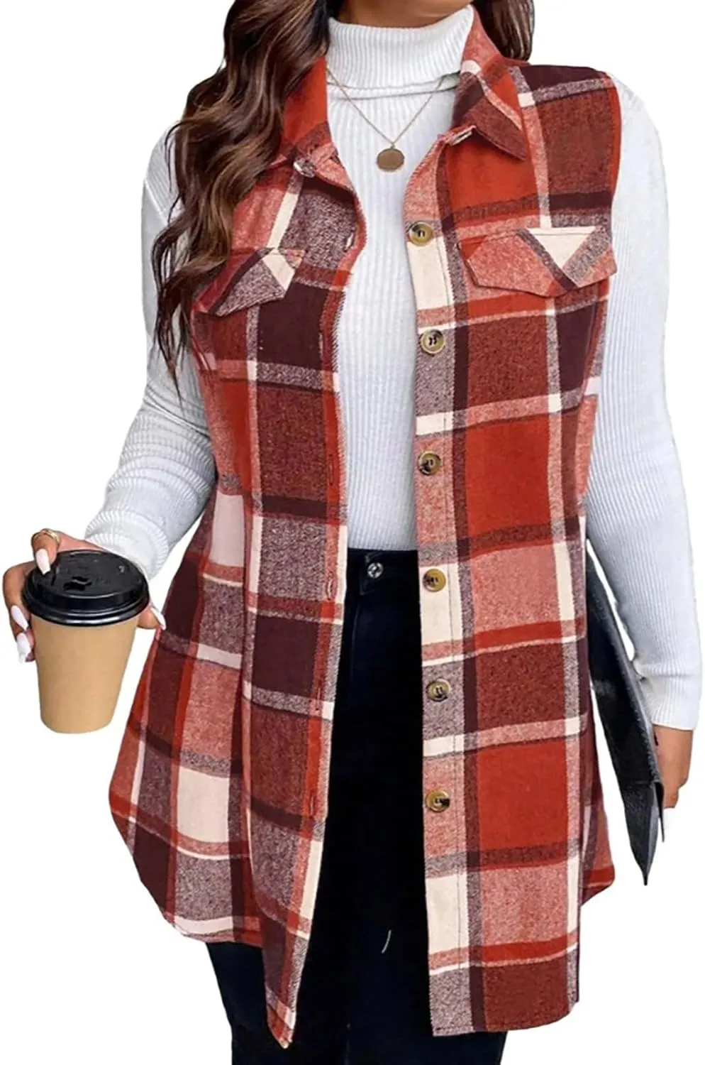 Flannel Vest Women 2024 Fashion Sleeveless Button Down Plaid Vest Jacket Casual Fall Winter Warm Outwear with Pockets