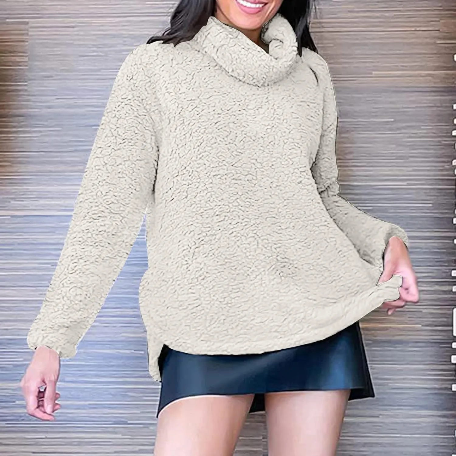 Fleece Pullover Women Soft Comfy Fuzzy Long Sleeve Tops Lightweight Sherpa Turtleneck Sweater Oversized Sweatshirt