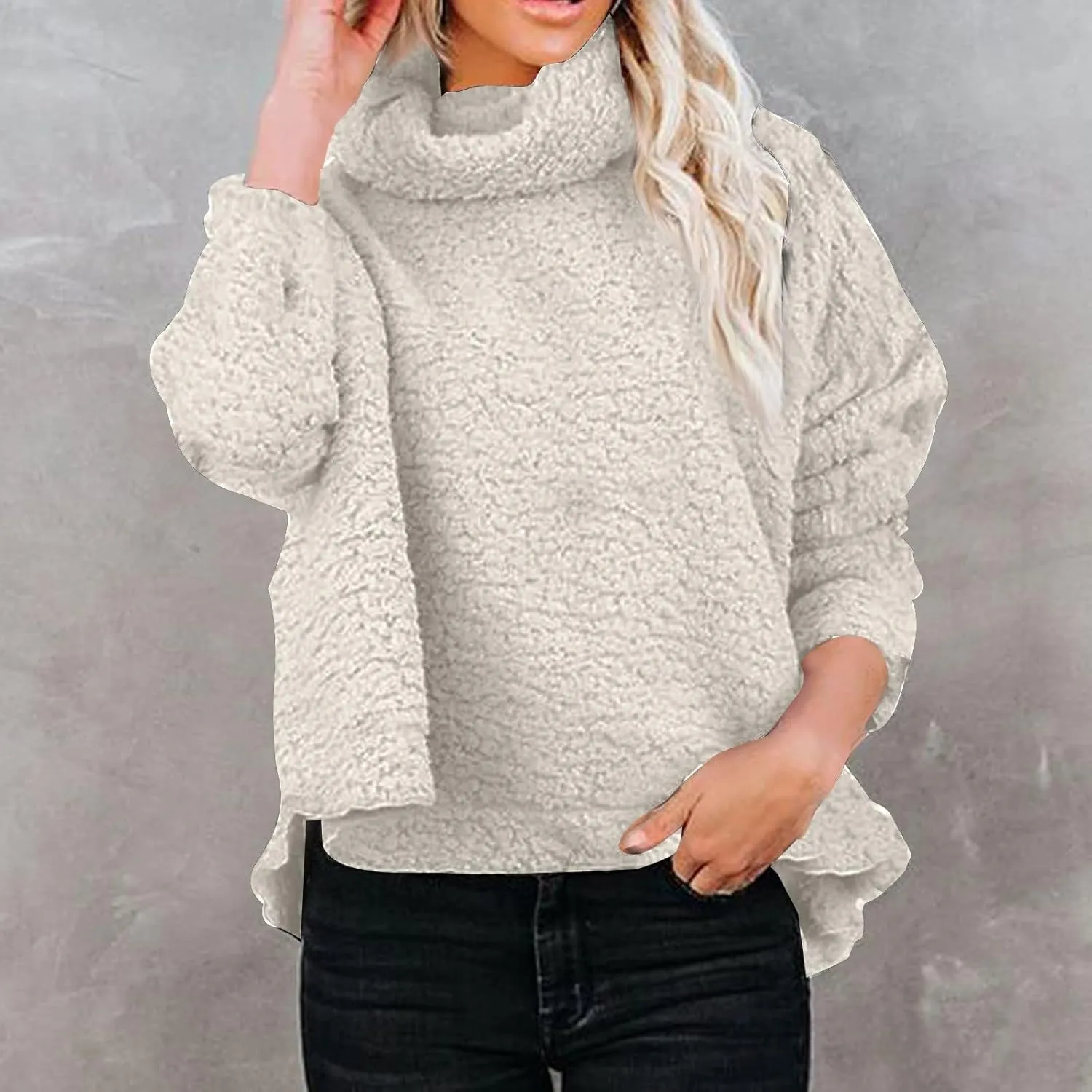 Fleece Pullover Women Soft Comfy Fuzzy Long Sleeve Tops Lightweight Sherpa Turtleneck Sweater Oversized Sweatshirt