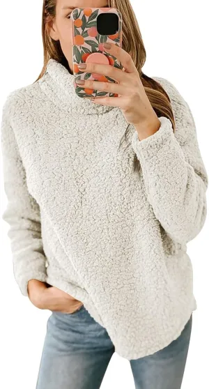 Fleece Pullover Women Soft Comfy Fuzzy Long Sleeve Tops Lightweight Sherpa Turtleneck Sweater Oversized Sweatshirt