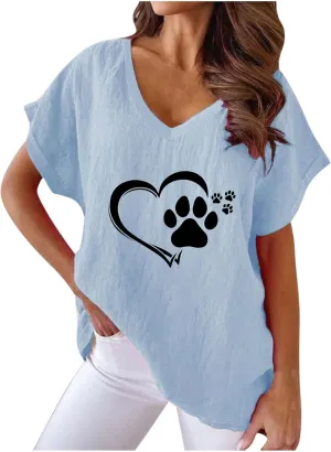 Funny Cute Dog Paw Heart Print Tee Shirts for Women Loose Fit V Neck Short Sleeve Cotton Linen T Shirts Dog Lover Summer Tops