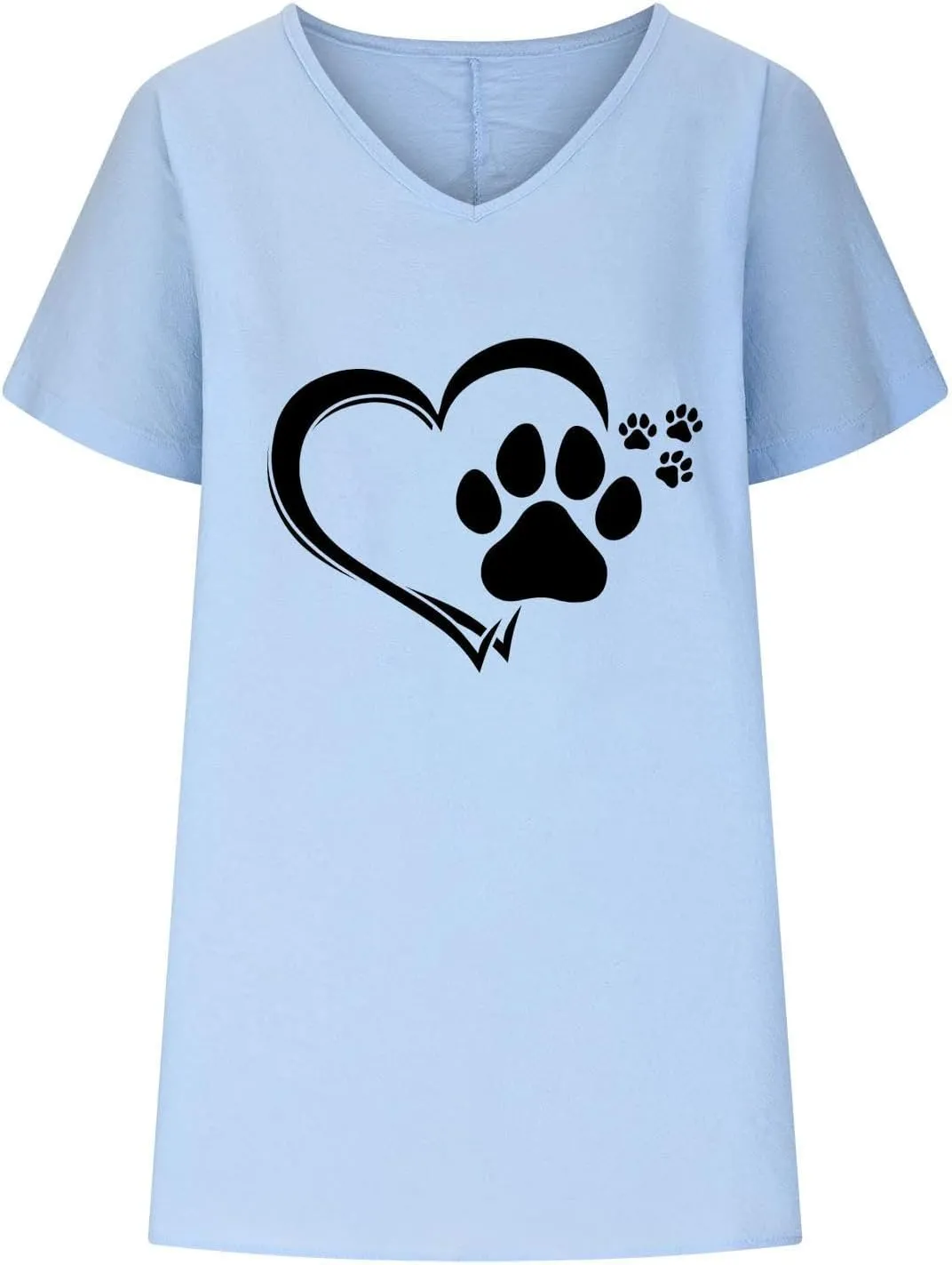 Funny Cute Dog Paw Heart Print Tee Shirts for Women Loose Fit V Neck Short Sleeve Cotton Linen T Shirts Dog Lover Summer Tops