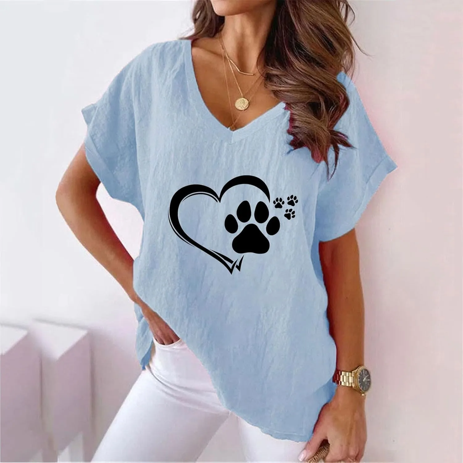 Funny Cute Dog Paw Heart Print Tee Shirts for Women Loose Fit V Neck Short Sleeve Cotton Linen T Shirts Dog Lover Summer Tops