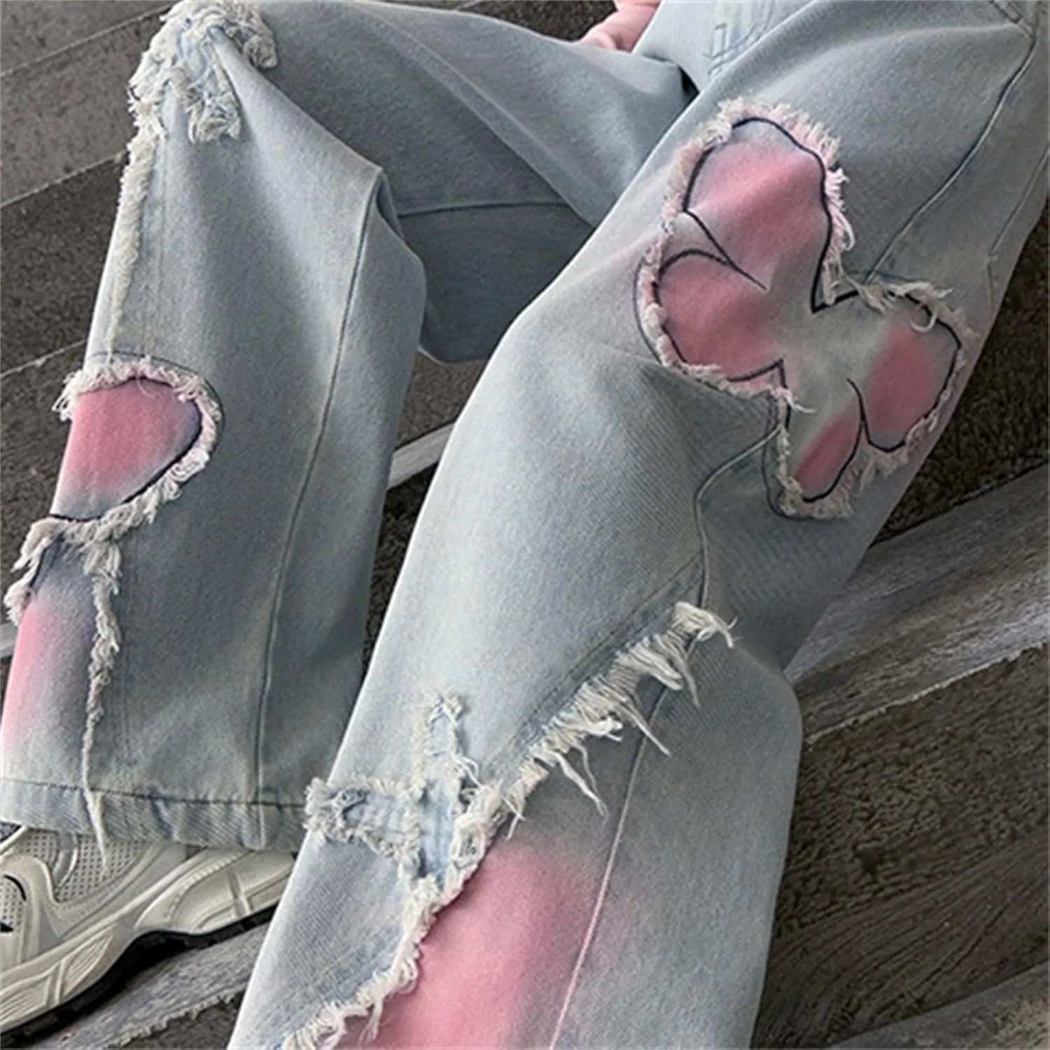 Girls Ripped Straight Leg Baggy Jeans Kids Baggy Pants Denim Trousers Pants Vintage Plain Jean Casual Joggers Streetwear