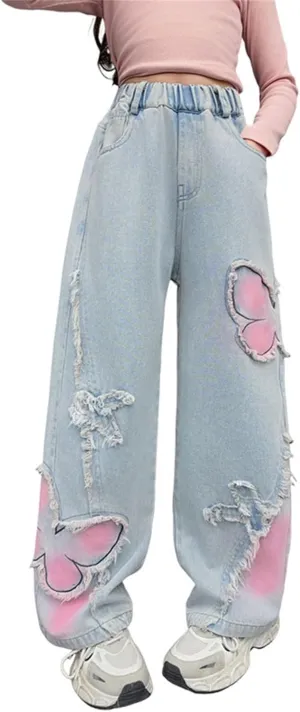 Girls Ripped Straight Leg Baggy Jeans Kids Baggy Pants Denim Trousers Pants Vintage Plain Jean Casual Joggers Streetwear