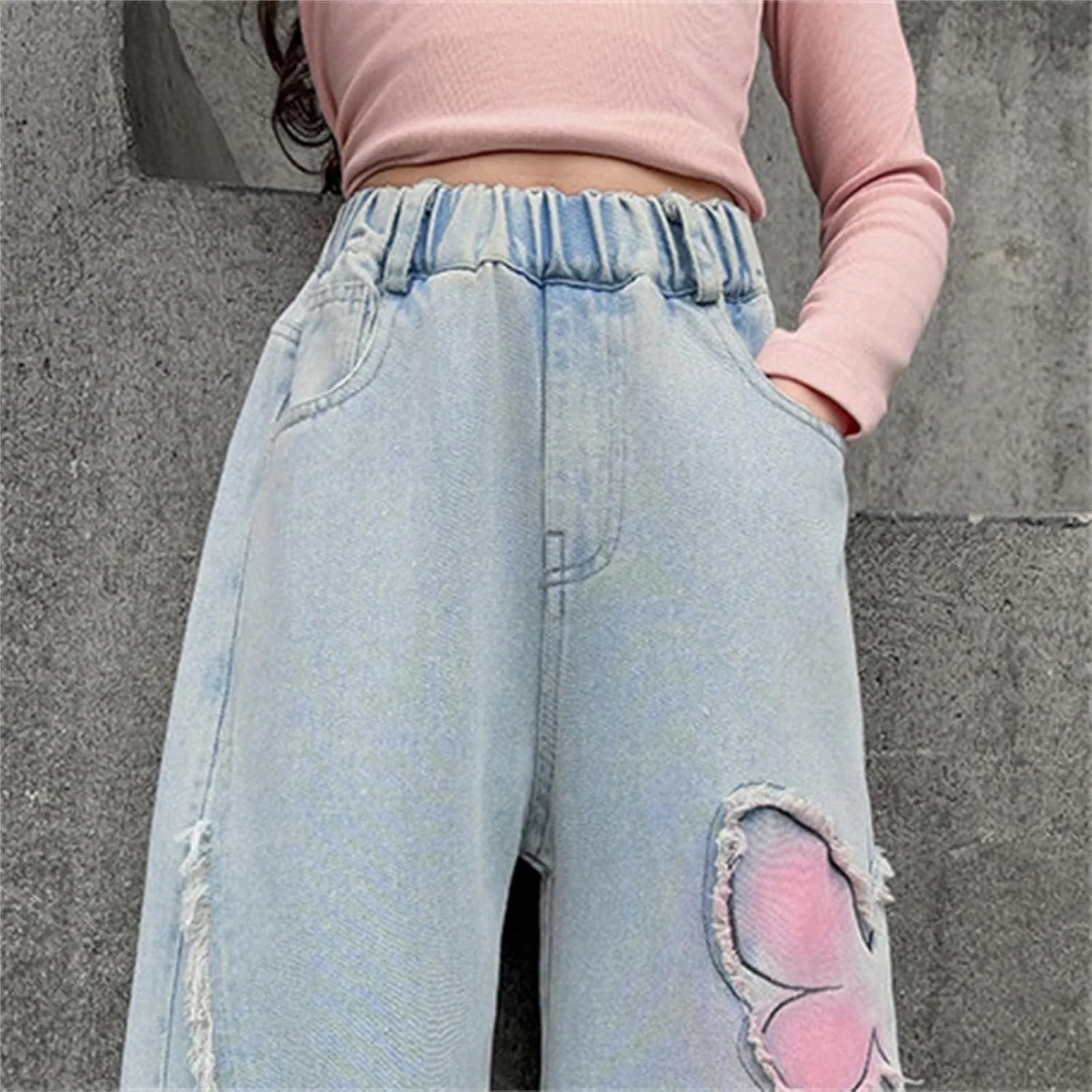 Girls Ripped Straight Leg Baggy Jeans Kids Baggy Pants Denim Trousers Pants Vintage Plain Jean Casual Joggers Streetwear