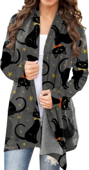 Halloween Cardigan for Women Fall Fashion 2023 Pumpkin Cat Print Open Front Long Cardigan Knitted Sweater Outwear Coat