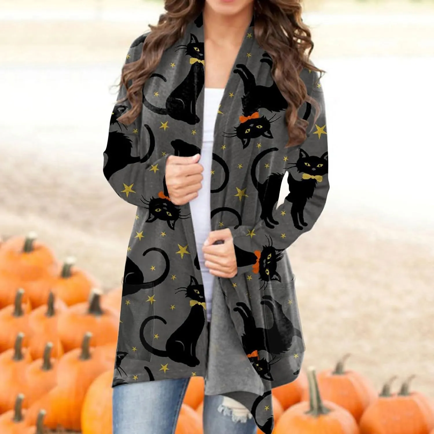 Halloween Cardigan for Women Fall Fashion 2023 Pumpkin Cat Print Open Front Long Cardigan Knitted Sweater Outwear Coat