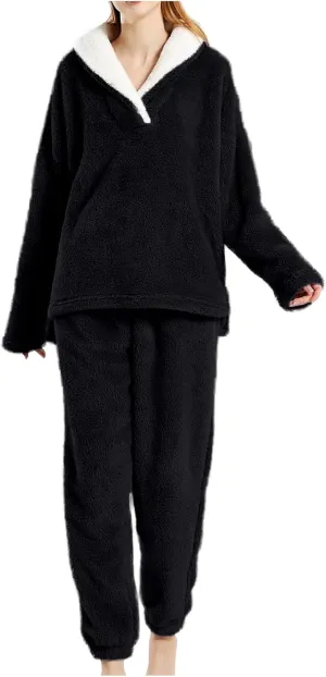 HGps8w 2 Piece Lounge Sets for Women Fuzzy Fleece Pajamas Shawl Collar V Neck Tops with Long Pants Pullover Sleepwear Outfits