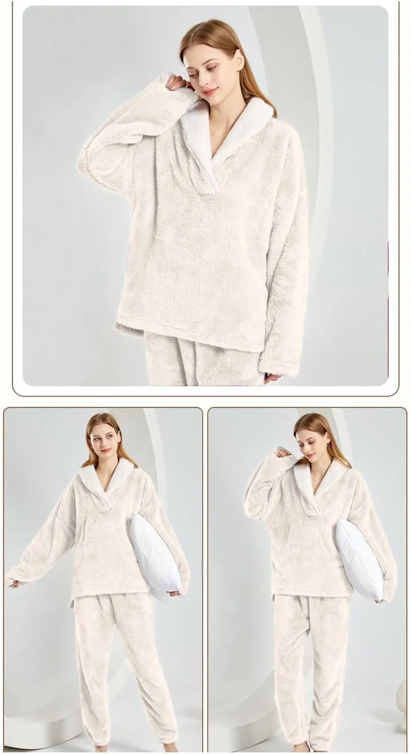 HGps8w 2 Piece Lounge Sets for Women Fuzzy Fleece Pajamas Shawl Collar V Neck Tops with Long Pants Pullover Sleepwear Outfits
