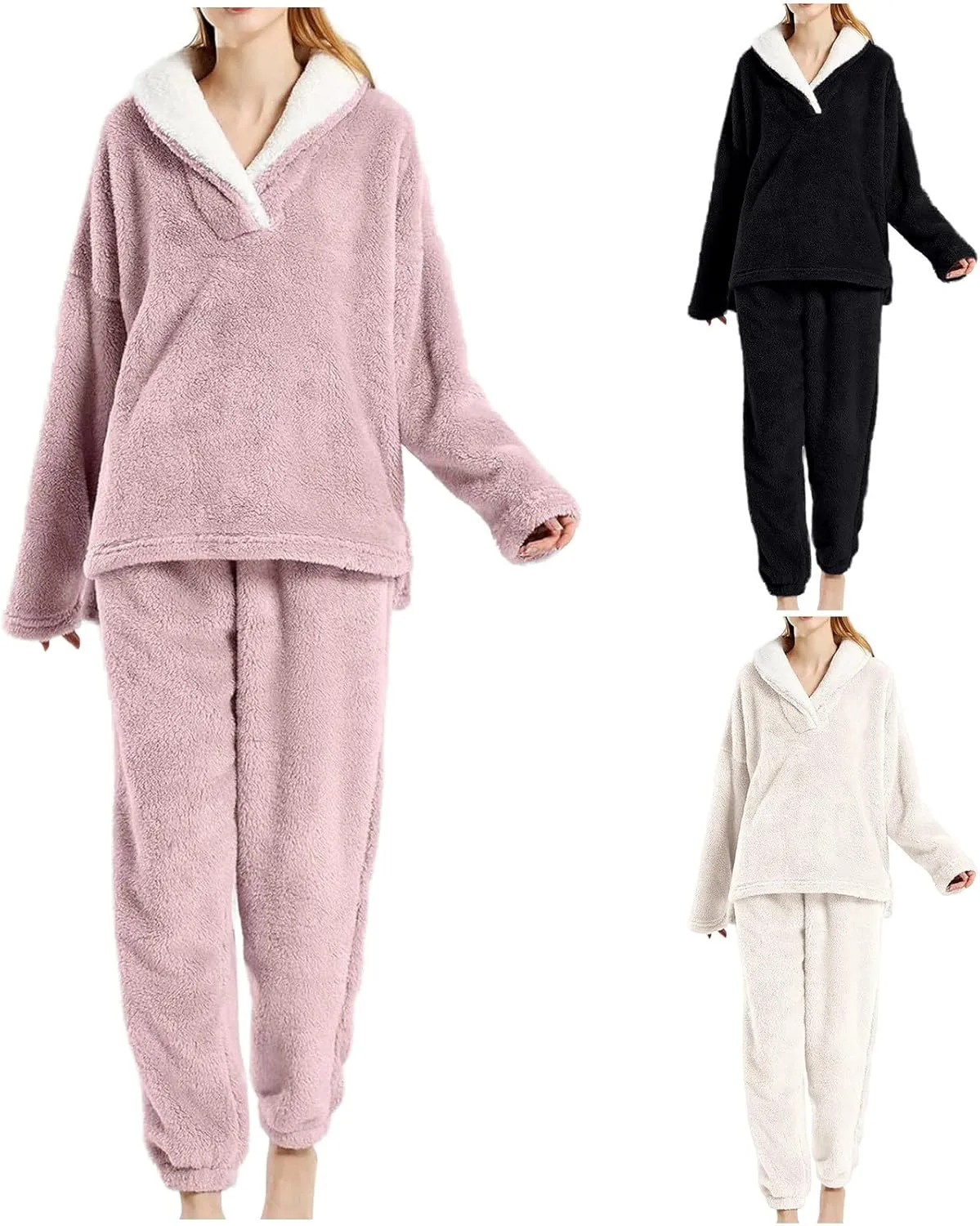HGps8w 2 Piece Lounge Sets for Women Fuzzy Fleece Pajamas Shawl Collar V Neck Tops with Long Pants Pullover Sleepwear Outfits