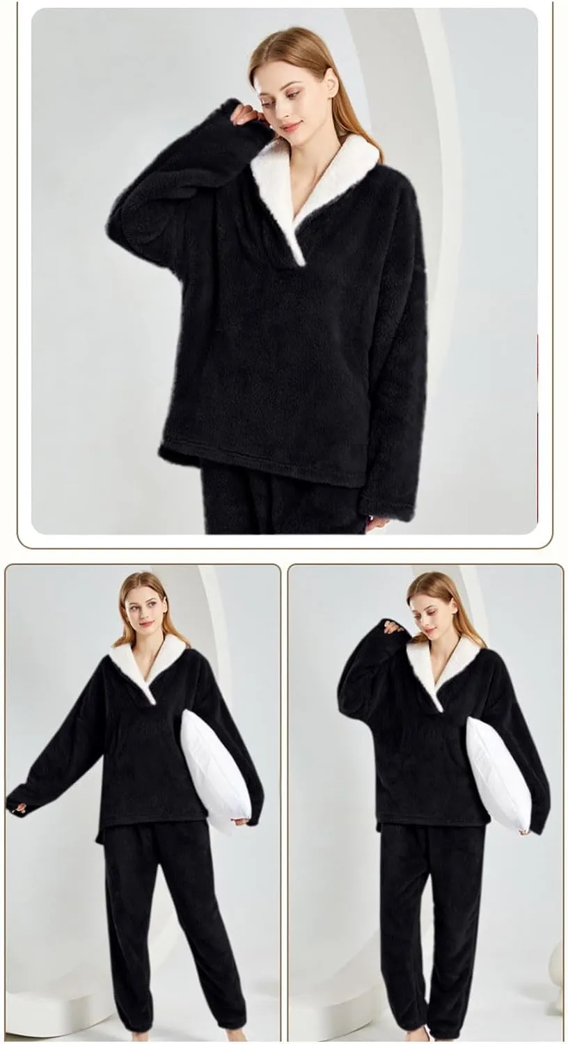 HGps8w 2 Piece Lounge Sets for Women Fuzzy Fleece Pajamas Shawl Collar V Neck Tops with Long Pants Pullover Sleepwear Outfits