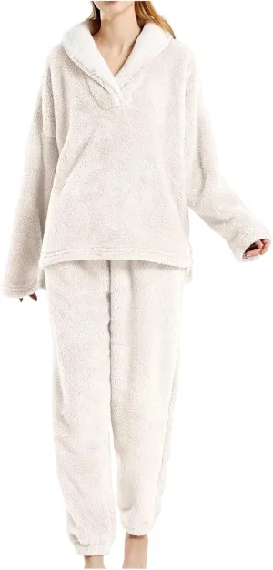 HGps8w 2 Piece Lounge Sets for Women Fuzzy Fleece Pajamas Shawl Collar V Neck Tops with Long Pants Pullover Sleepwear Outfits