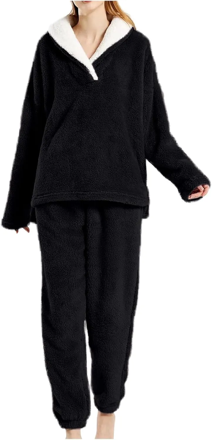 HGps8w 2 Piece Lounge Sets for Women Fuzzy Fleece Pajamas Shawl Collar V Neck Tops with Long Pants Pullover Sleepwear Outfits