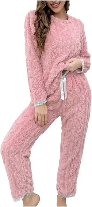 HGps8w Fuzzy Fleece Pajama Sets for Women Winter Warm Jacquard Sleepwear Comfy Plush Pants Pjs Lounge Sweatsuits