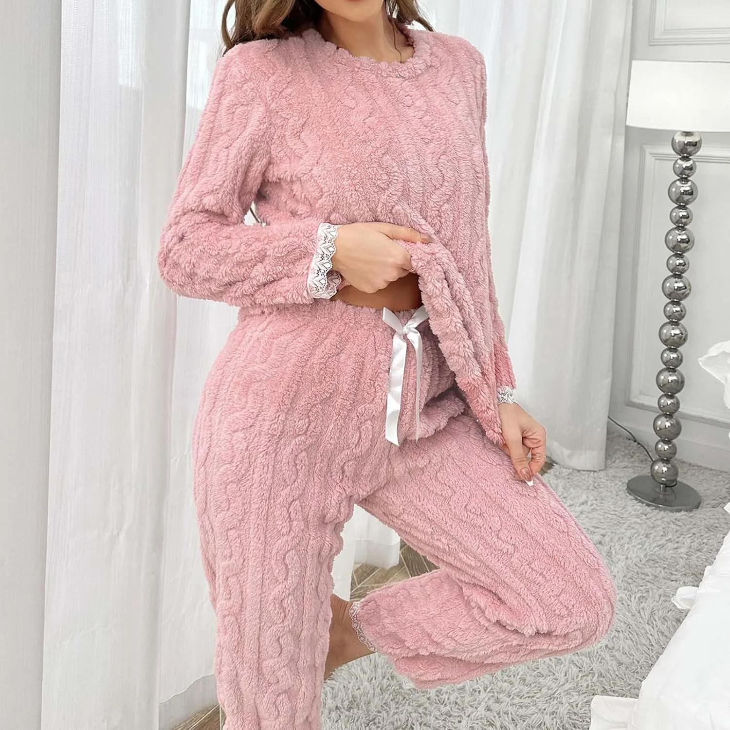 HGps8w Fuzzy Fleece Pajama Sets for Women Winter Warm Jacquard Sleepwear Comfy Plush Pants Pjs Lounge Sweatsuits