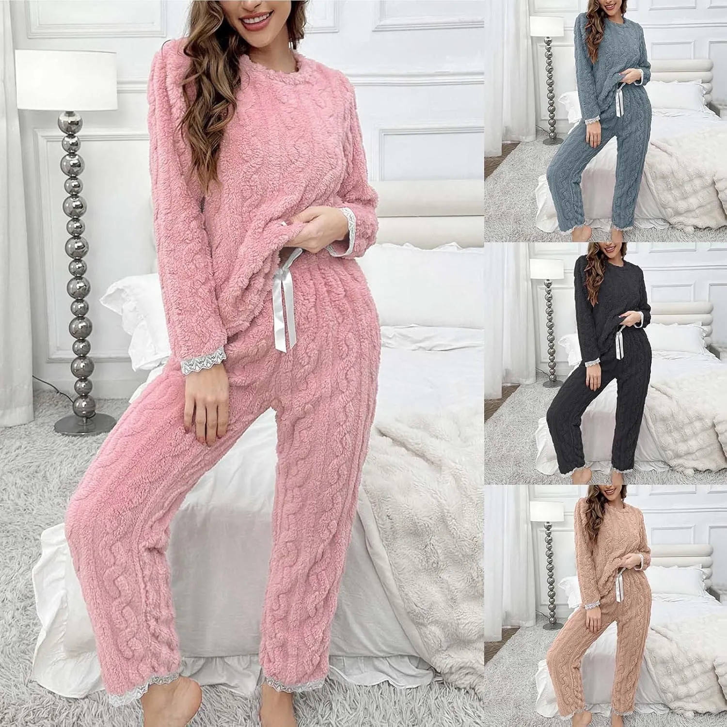 HGps8w Fuzzy Fleece Pajama Sets for Women Winter Warm Jacquard Sleepwear Comfy Plush Pants Pjs Lounge Sweatsuits