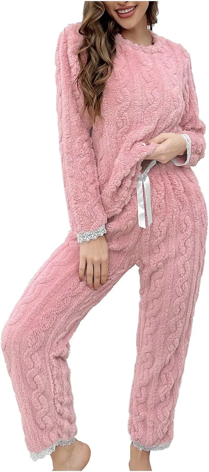 HGps8w Fuzzy Fleece Pajama Sets for Women Winter Warm Jacquard Sleepwear Comfy Plush Pants Pjs Lounge Sweatsuits