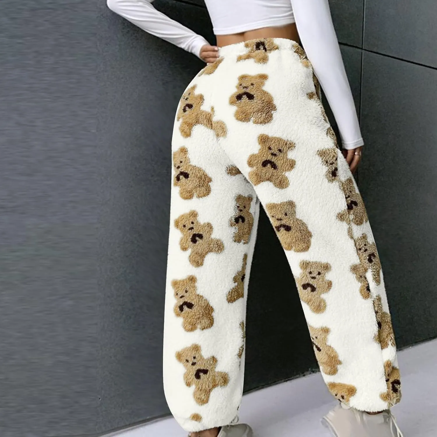 HGps8w Women's Cute Bear Plush Pajama Pants, Soft Fluffy Fleece Warm Pjs Bottoms Sleepwear Winter Comfy Fuzzy Lounge Pants