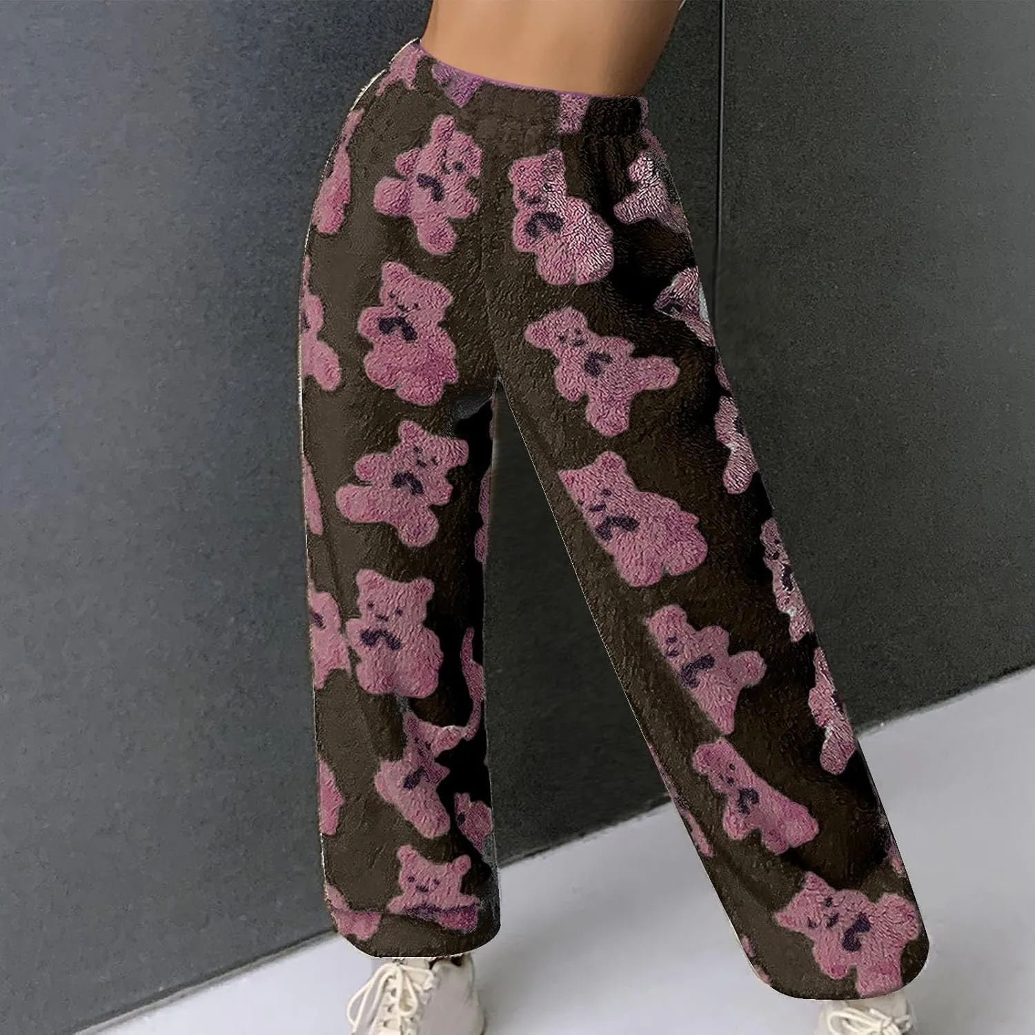HGps8w Women's Cute Bear Plush Pajama Pants, Soft Fluffy Fleece Warm Pjs Bottoms Sleepwear Winter Comfy Fuzzy Lounge Pants