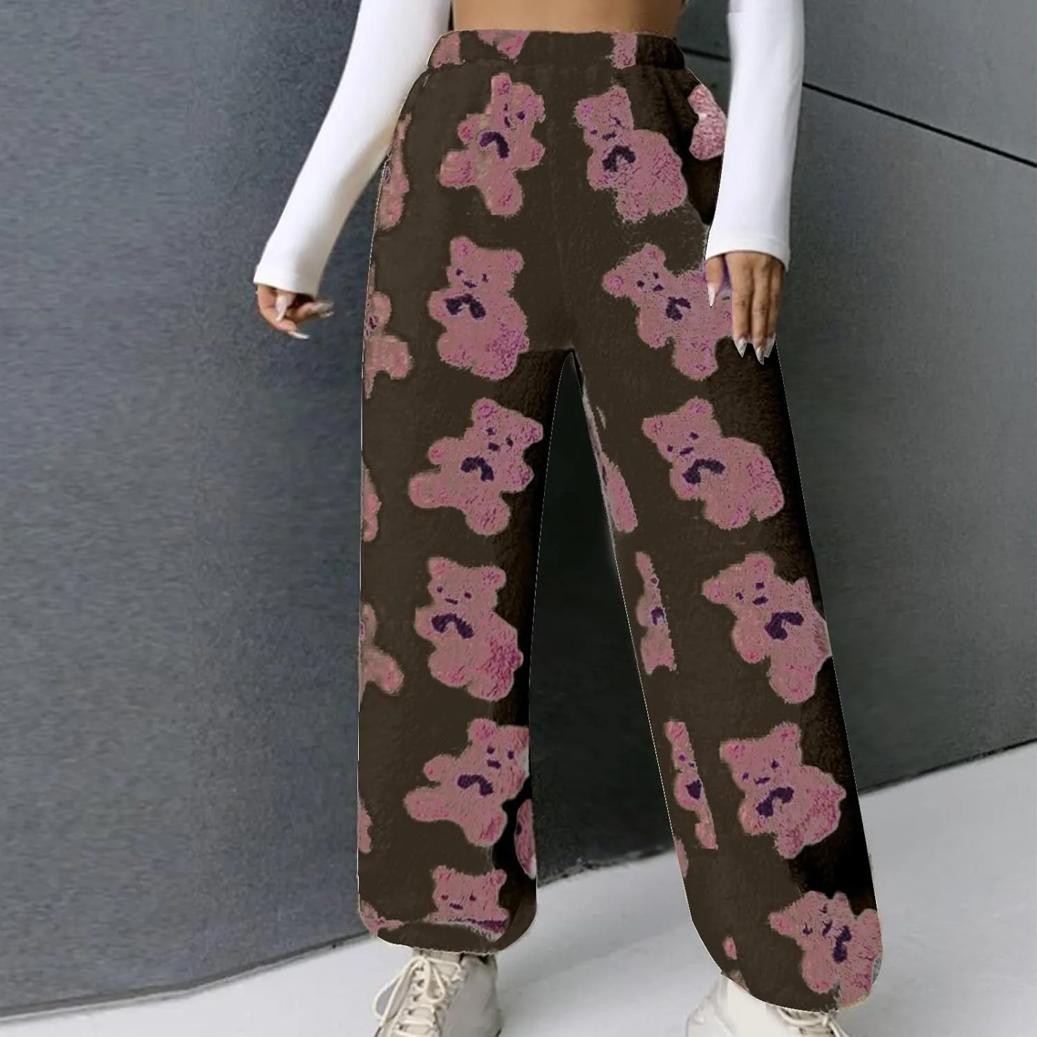 HGps8w Women's Cute Bear Plush Pajama Pants, Soft Fluffy Fleece Warm Pjs Bottoms Sleepwear Winter Comfy Fuzzy Lounge Pants