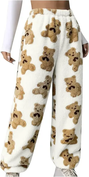 HGps8w Women's Cute Bear Plush Pajama Pants, Soft Fluffy Fleece Warm Pjs Bottoms Sleepwear Winter Comfy Fuzzy Lounge Pants