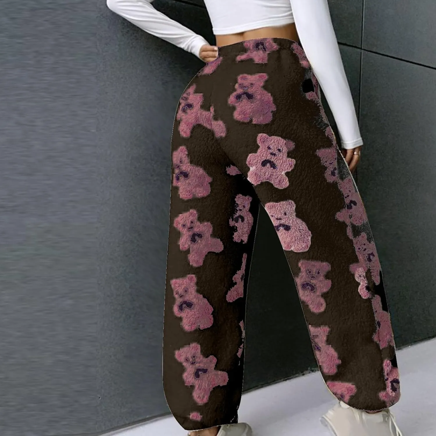 HGps8w Women's Cute Bear Plush Pajama Pants, Soft Fluffy Fleece Warm Pjs Bottoms Sleepwear Winter Comfy Fuzzy Lounge Pants