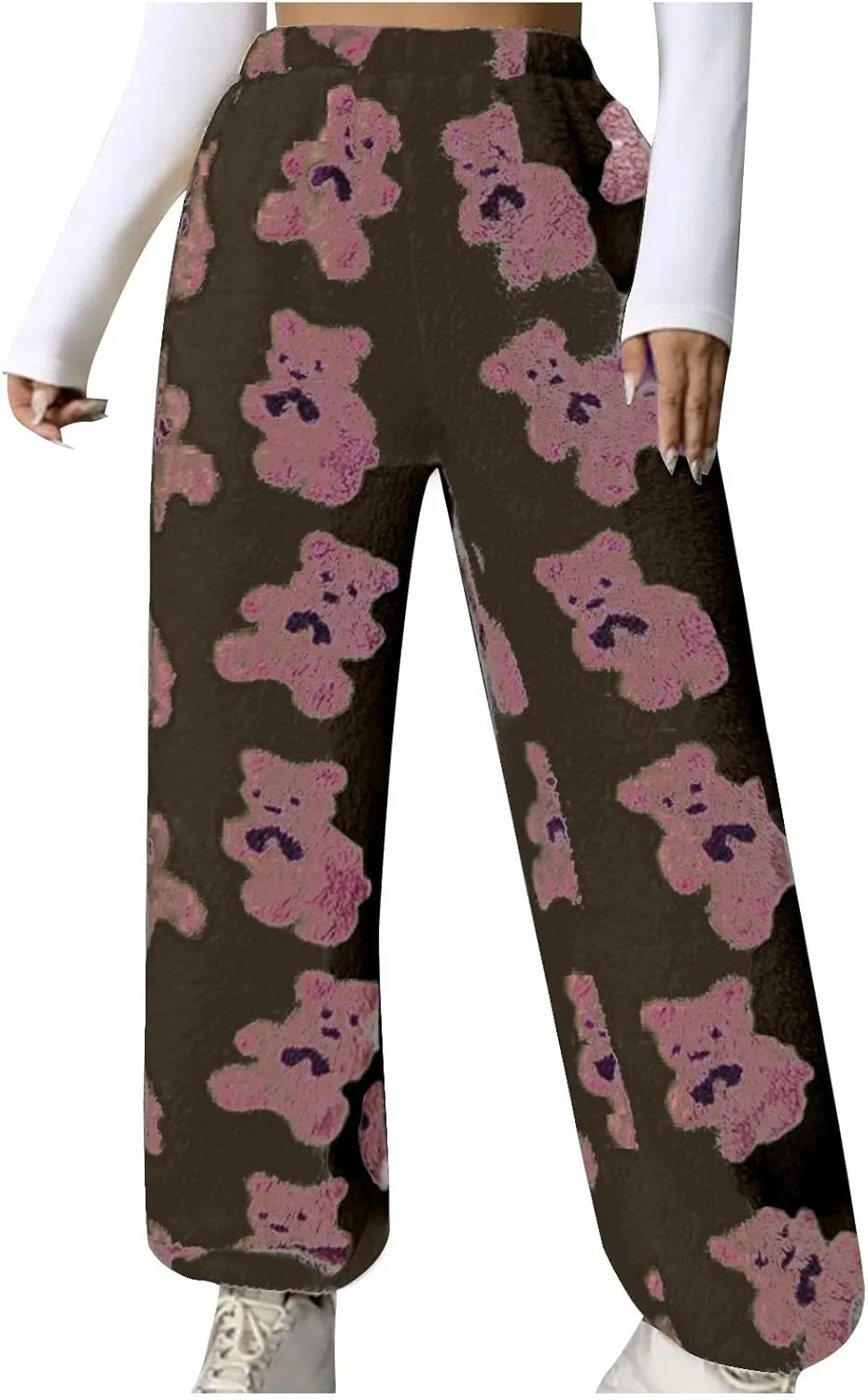 HGps8w Women's Cute Bear Plush Pajama Pants, Soft Fluffy Fleece Warm Pjs Bottoms Sleepwear Winter Comfy Fuzzy Lounge Pants