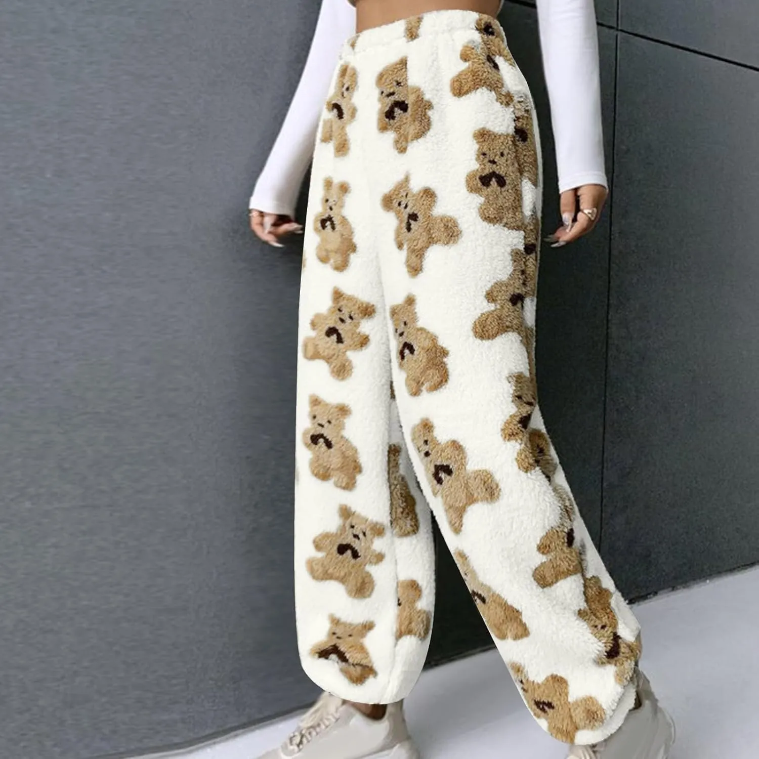 HGps8w Women's Cute Bear Plush Pajama Pants, Soft Fluffy Fleece Warm Pjs Bottoms Sleepwear Winter Comfy Fuzzy Lounge Pants
