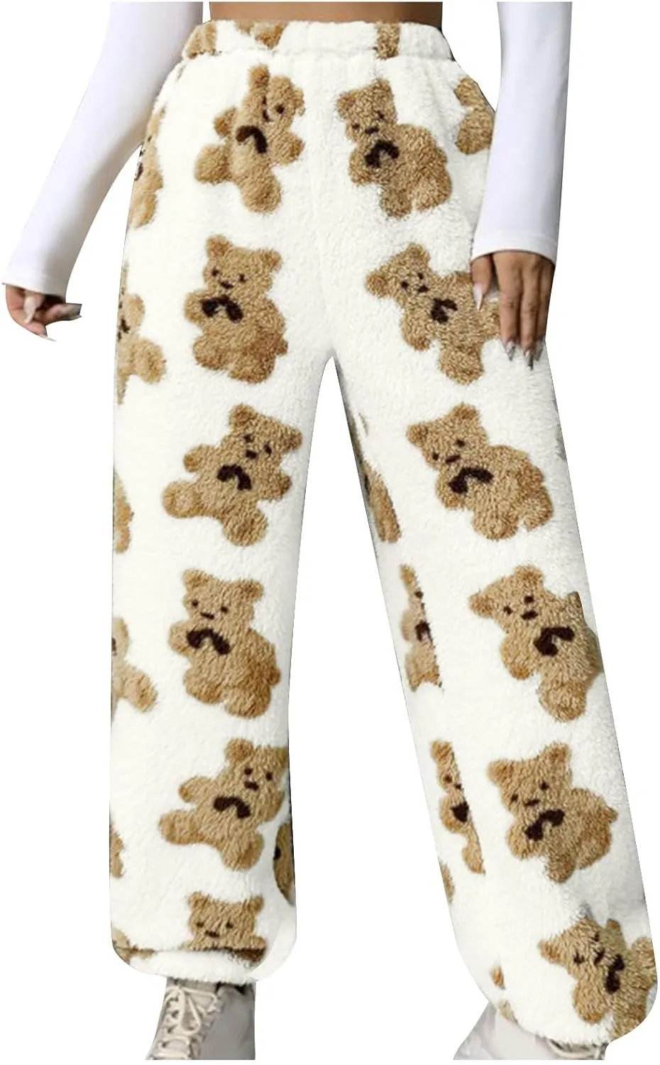 HGps8w Women's Cute Bear Plush Pajama Pants, Soft Fluffy Fleece Warm Pjs Bottoms Sleepwear Winter Comfy Fuzzy Lounge Pants