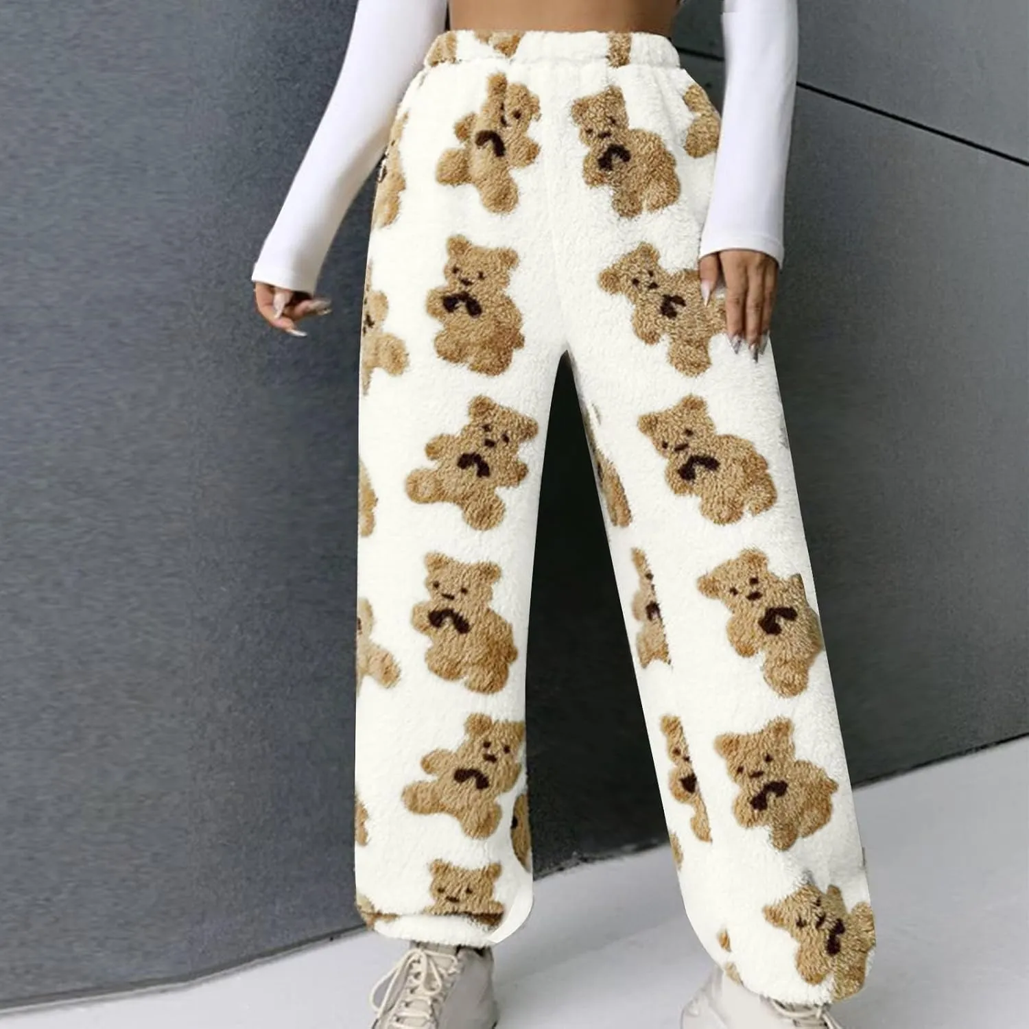 HGps8w Women's Cute Bear Plush Pajama Pants, Soft Fluffy Fleece Warm Pjs Bottoms Sleepwear Winter Comfy Fuzzy Lounge Pants